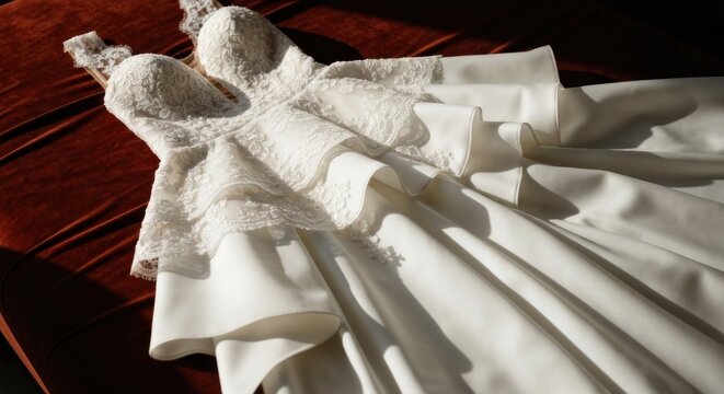 Elegant white gown with lace bodice, layered skirt, resting on a textured surface