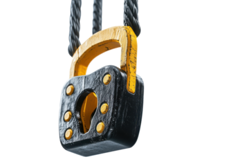 Industrial lifting magnet with hook and chain isolated on transparent background. Big black and yellow construction tower crane hook block hanging on steel ropes isolated on white background.