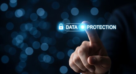 Finger pointing to data protection button with digital padlock on screen