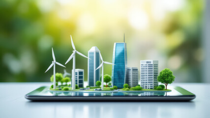 Miniature wind turbines and environmental buildings on a digital tablet