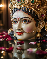 Close-up portrait of an ornate hindu goddess idol adorned with intricate jewelry and vibrant makeup