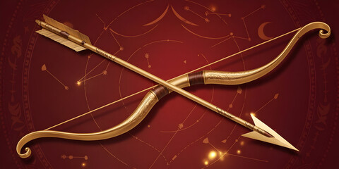 Ornate golden bow and arrow with ancient warrior symbolism and mystical glow