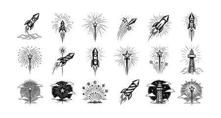 Intricate fireworks and rockets: celebratory monochrome ink designs