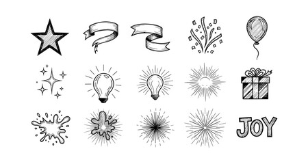 Hand drawn doodle collection: stars, ribbons, fireworks, and joyful elements