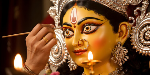 Artist meticulously paints the eye of a durga idol preparing for festival