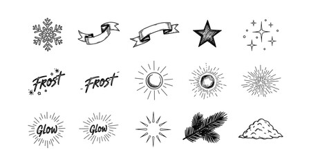 Hand drawn winter elements: frost, snowflakes, and sunburst designs