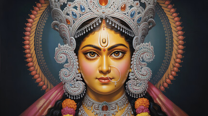 Detailed religious portrait painting of goddess durga adorned with majestic crown and ornate jewelry