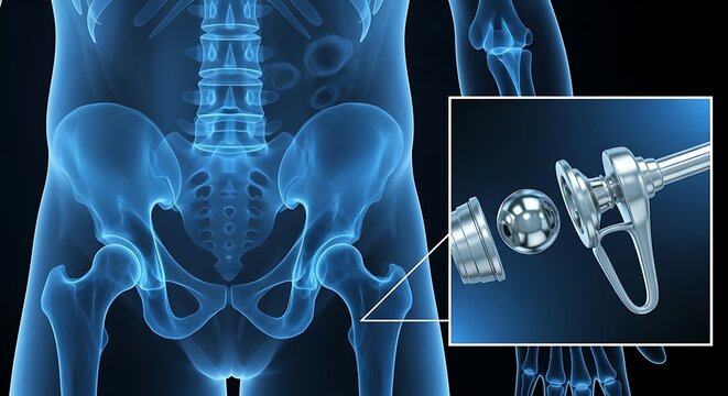 Hip replacement surgery x ray with implant shown in detail view