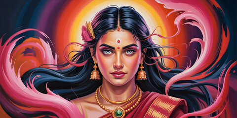 Mesmerizing portrait of a fierce hindu goddess with fiery aura and flowing garments