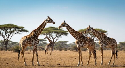 Four giraffes stand in a savanna landscape, with trees scattered and a bright blue sky