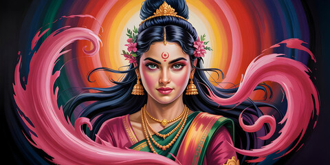Mesmerizing portrait of a fierce goddess radiating power and divine energy