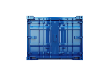 Blue shipping container viewed from the rear isolated on transparent background. Blue cargo container shipping freight twenty feet isolated on white background.