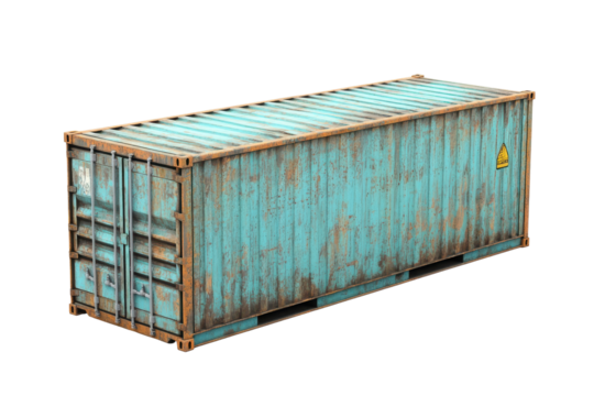 Blue shipping container viewed from the rear isolated on transparent background. Blue cargo container shipping freight twenty feet isolated on white background.