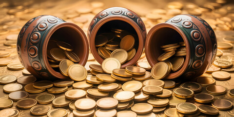Overflowing treasure pots of gold coins abundance wealth fortune financial success
