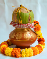Ornate copper kalash with coconut mango leaves and vibrant flower garland