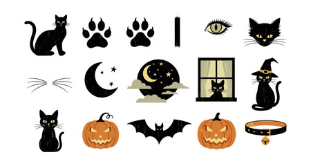 Halloween cat silhouette icons: pumpkins, bats, and moons with spooky black cats