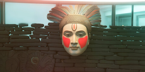 Intricate sculpted statue face with vibrant red accents and ornate headpiece gazing forward