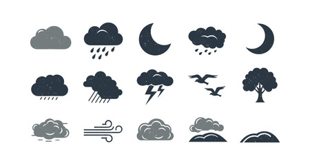 Weather icons set: clouds, rain, moon, storm, wind, birds, trees in minimal grunge style