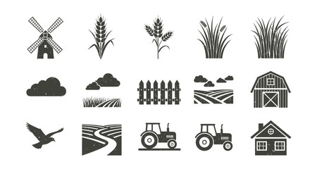 Obraz premium Rustic farm elements set featuring windmill, crops, and tractors in black silhouette style
