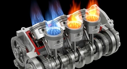Internal combustion engine cross section displaying pistons and flames effect design