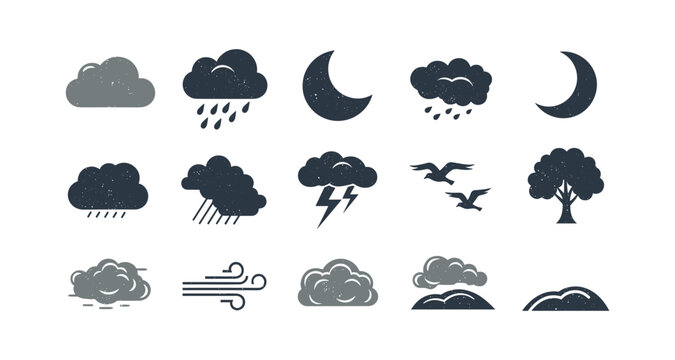 Weather icons set: clouds, rain, moon, storm, wind, birds, trees in minimal grunge style