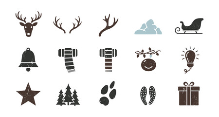 Rustic holiday icons set: deer, sleigh, bell, scarf, trees, gift, and more