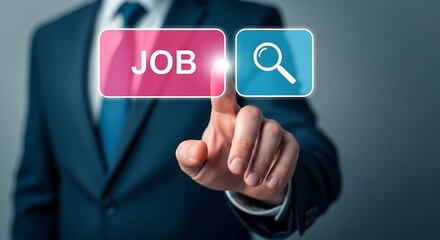 Fototapeta premium Man in suit touching job search button concept opportunity employment
