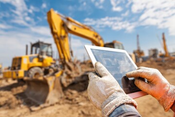 Foreman uses Digital Tablet, project management at the site. Overseeing the work. Worker review plans against a heavy machinery equipment backdrop. Automated logistics online. Control loading of cargo