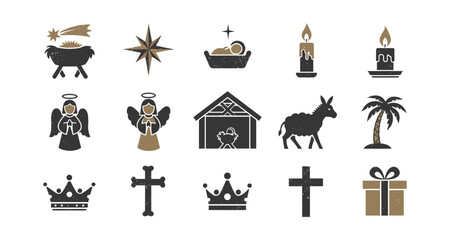 Rustic christmas icons set with nativity scene, angels, and holiday symbols