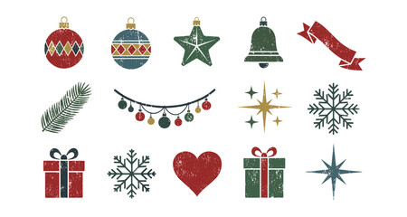 Festive grunge style christmas icons set with decorations and symbols