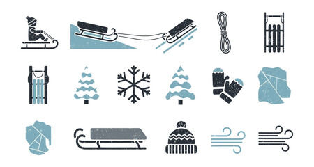 Winter sledding icons: retro style silhouettes with snow and wind elements