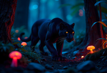 Black Panther in a Bioluminescent Forest at Night