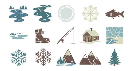 Rustic winter adventure elements with ice skating, fishing, and snowflake designs