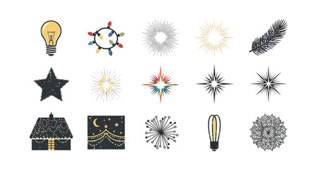 Festive holiday icons: lights, stars, and decorations in modern retro style