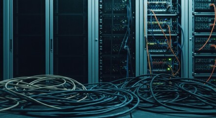 Inside a server room, data cables on the floor and networked computer systems