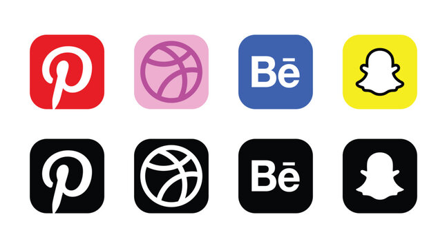 pinterest, dribbble, behance, snapchat social media logo icon set colorful black round square vector design