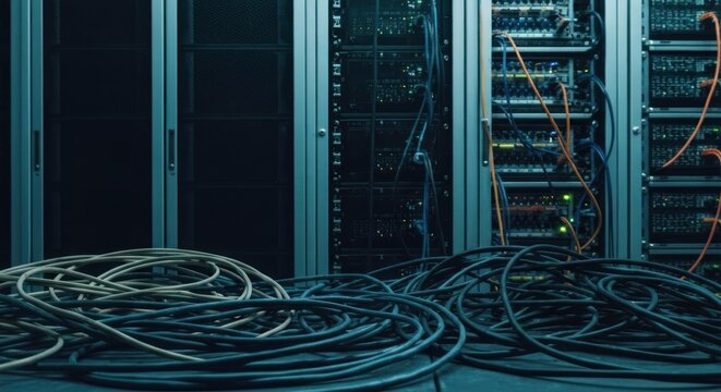 Inside a server room, data cables on the floor and networked computer systems