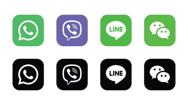 whatsapp, viber, line, wechat social media logo icon set colorful black round square vector design