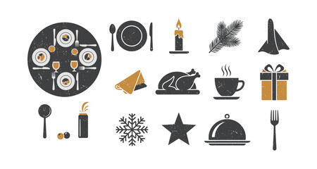 Festive table setting with rustic holiday elements and cozy winter decor icons