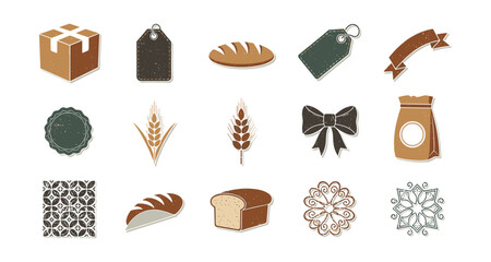 Vintage bakery icons set with tags, bows, and decorative elements