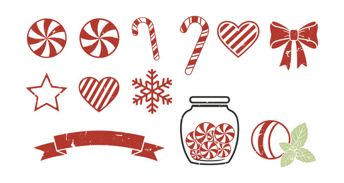 Rustic christmas icons: candy canes, peppermint, bows, and holiday charm
