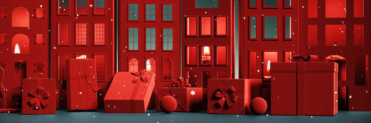 Red paper houses with red Christmas presents and falling snow on green background. Christmas banner...