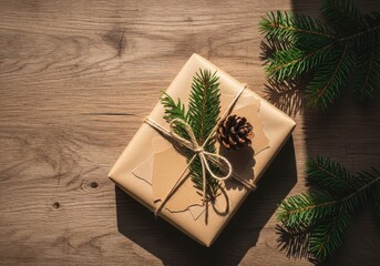 Obraz premium Wrapped gift with pinecone and greenery on wooden surface 