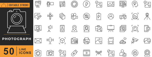 Photograph line icon set. Editable stroke. Vector illustration.
