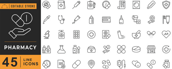 Pharmacy line icon set. Editable stroke. Vector illustration.
