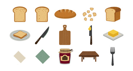 Assorted bread and breakfast items on white background