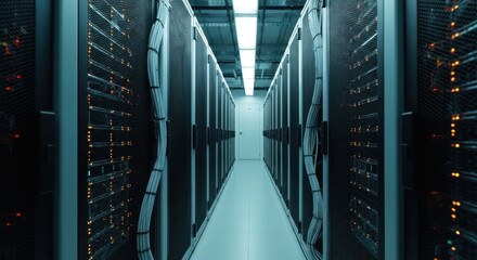 Long, symmetrical data center hallway with server racks, cables, and a bright light