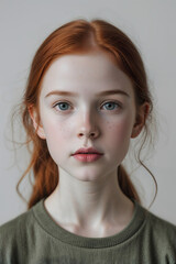Naklejka premium Headshot passport ID portrait of Irish girl with red hair, frontal view, centered, neutral expression, open eyes, natural colors, soft lighting, white background generative AI