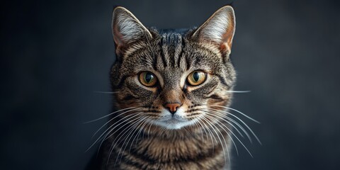 Captivating Gray Tabby Cat with Intense Gaze Posing Elegantly Against a Soft Gray Background