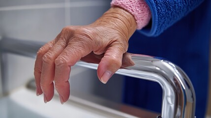 Support and Independence Elderly Lady Using Handrail for Bathroom Safety with Caregiver Assistance